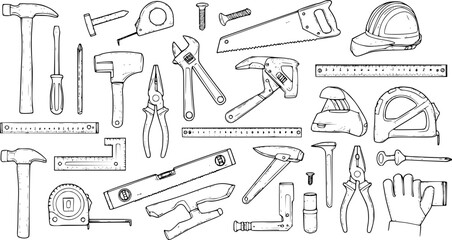 set of Construction tool collection. Doodles. Isolated.
