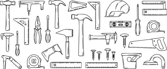 set of Construction tool collection. Doodles. Isolated.
