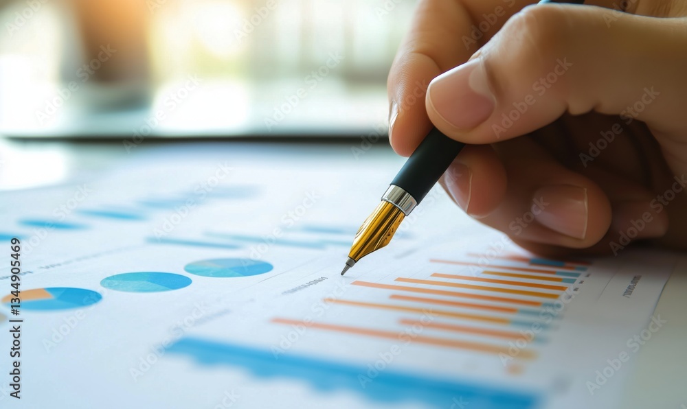 Poster analyzing financial data with pen on report featuring charts and graphs