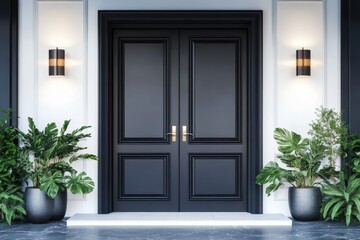 Elegant black double door entrance adorned with lush plants and stylish lamps