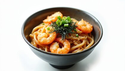Isolated shrimp tempura udon in bowl against white background. Japanese noodle dish features hot prawn tempura, fresh scallions. Healthy Asian cuisine udon noodles, fried shrimp, sesame, tasty broth.