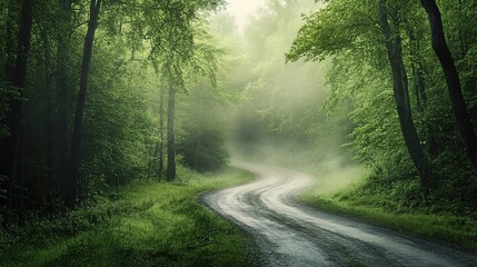 Obraz premium Winding Road Cutting Through Lush Green Forest Landscape