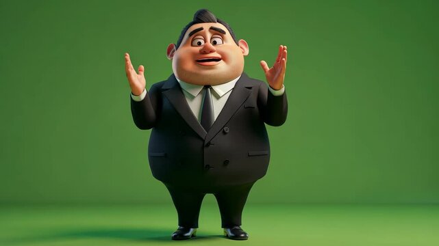 3D Character | Fat businessman with hands spread out and explain something, wearing a black suit