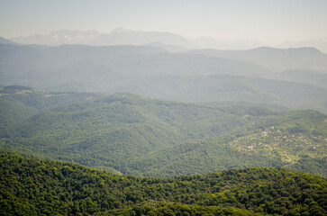 Fototapeta premium Expansive view of lush green forests and majestic mountains under hazy sky. Distant peaks blend into horizon, creating layers of tranquil scenery. Soft, natural lighting enhances serene atmosphere