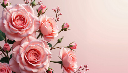 Blooming pink roses against a soft pastel background  