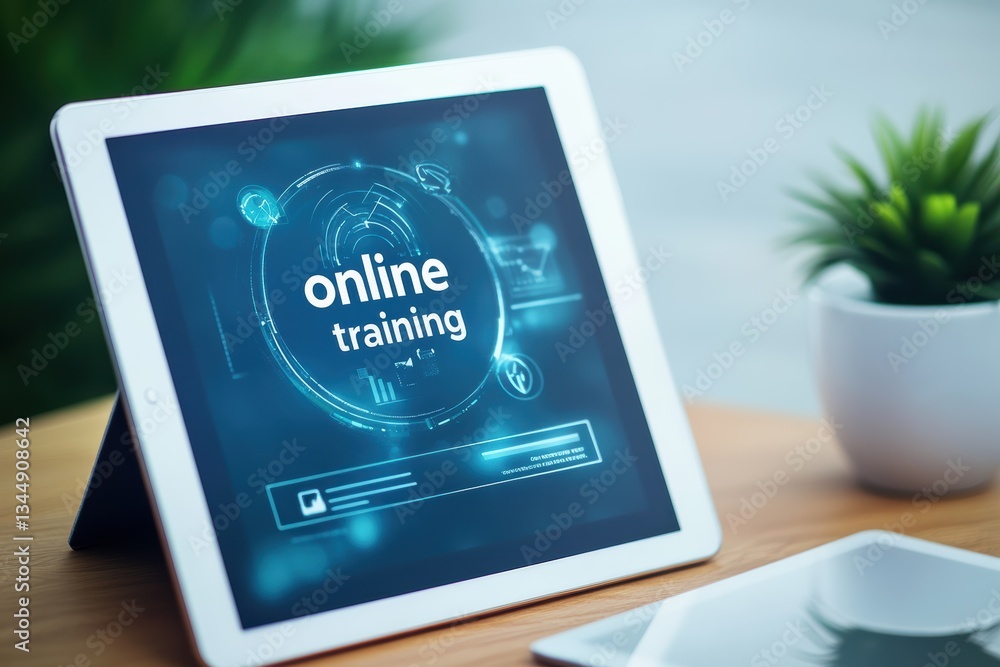Aufkleber e-learning concept displayed on a tablet with digital interface for online training activities