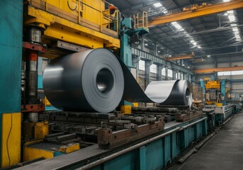 Industrial machinery processing steel coil in metal sheet rolling mill