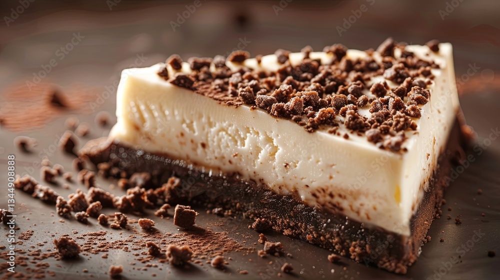 Poster delicious slice of cheesecake topped with chocolate crumbs on a dark plate generative ai