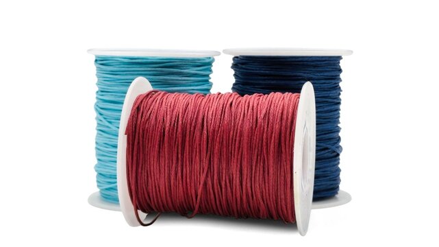 Photo of three spools of waxed cotton cord in red, light blue, and dark blue, neatly wound on white plastic reels, isolated on a white background.