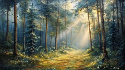 Fototapeta premium Sunlight Filtering Through Misty Trees in a Mysterious Forest