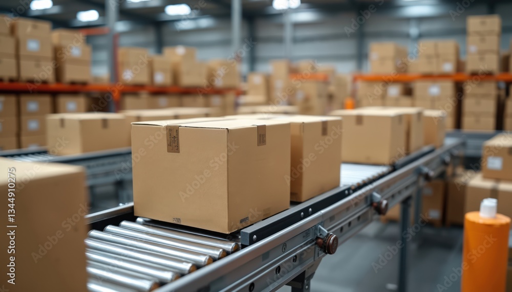 Poster boxes move along automated conveyor rollers in warehouse. cardboard parcels await dispatch. logistic
