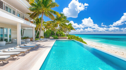 Fototapeta premium Stunning Luxury Swimming Pool at Beachfront with Incredible Ocean View and Comfortable Deck Chairs Under the Sun