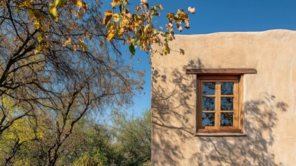 Rustic Adobe Building with Autumn Leaves and a Wooden Window