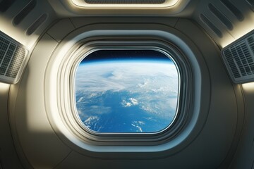 Window view of Earth from a space habitat showing clouds and sea under sunlight