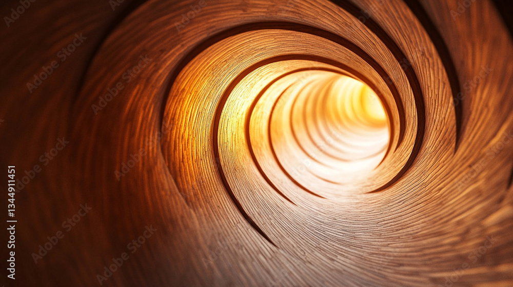 Poster abstract view of a spiraling tunnel with warm light illuminating the textured walls, creating depth