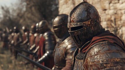 Weathered Medieval Knights in Formation Near Stone Wall