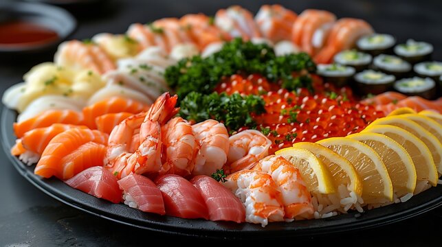 Fresh seafood platter lemon slices dark background for high contrast and open text space