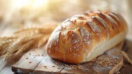 Freshly baked bread wheat stalks on a wooden surface warm tones and copy space for branding
