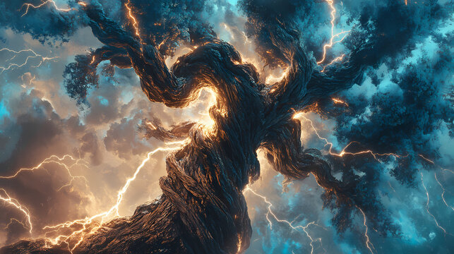 Gnarled ancient tree trunk twisted and scarred by a powerful lightning strike jagged fractures splitting the weathered bark charred and blackened wood exposed. Mystic Fracture. Illustration