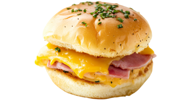 Breakfast slider with ham and cheese isolated on white background --ar 16:9