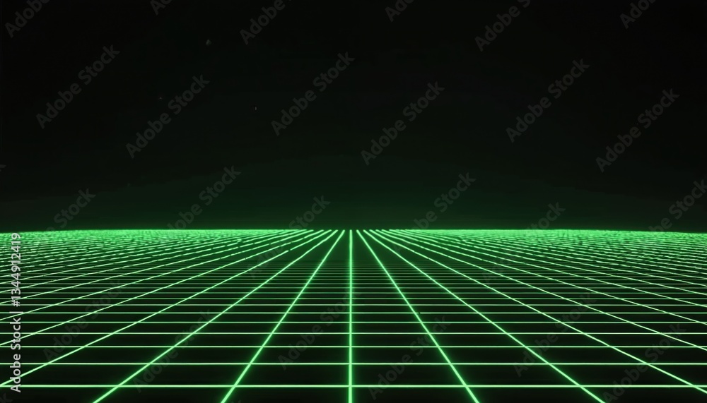 Aufkleber digital grid landscape with glowing green lines on black background. neon perspective, geometric thr