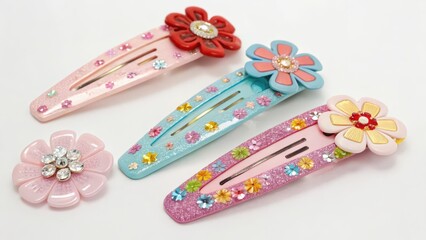 Three Flower-Shaped Hair Clips on White Background