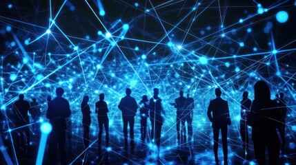 Fototapeta premium Silhouettes of people in a network. Abstract digital connections. Stock photo. Possible use technology, business, communication