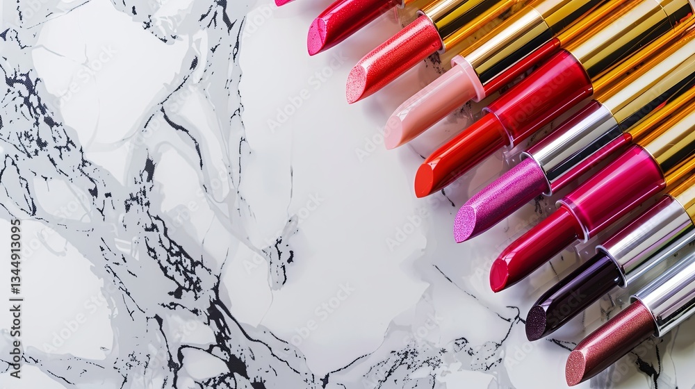 Poster colorful tubes of lip gloss and lipstick arranged elegantly on a marble surface with rich and varied