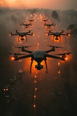 Drones flying in formation over a city at dusk creating a stunning aerial display with glowing lights and fog