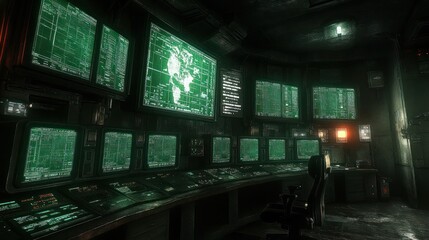 Dark, cluttered control room filled with numerous monitors displaying complex data and code