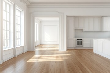 Fototapeta premium Elegant classic interior space with natural light and modern kitchen design for advertising layout