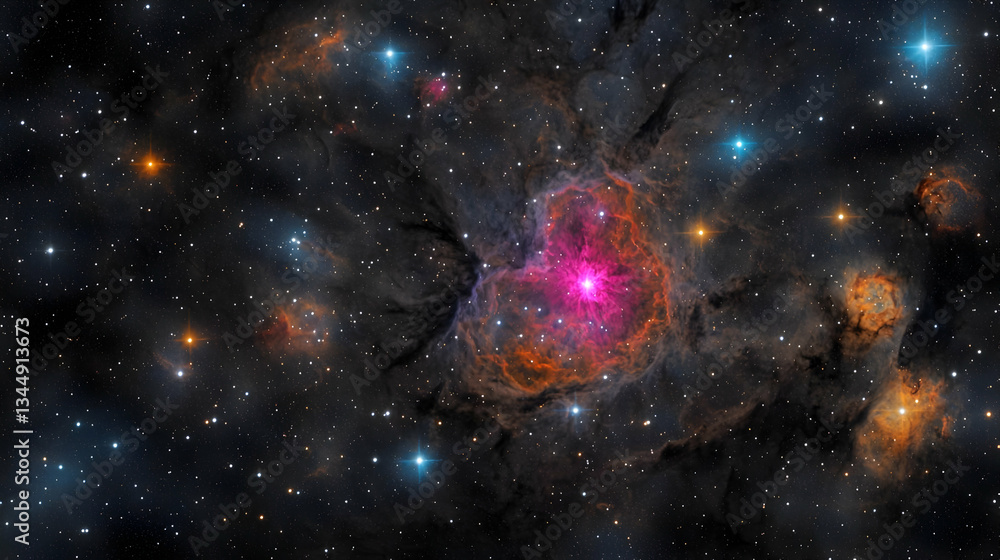 Poster nebula and star cluster in deep space displaying a vibrant colorful cosmic landscape