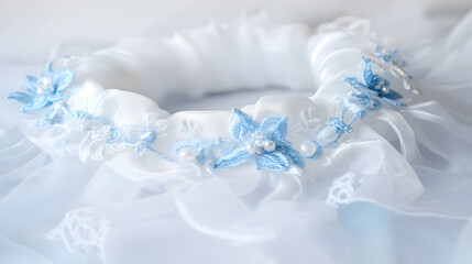 un liguero de novia para el dia de la boda par ala novia en el matrimonio color blanco con detalles en color azul claro 