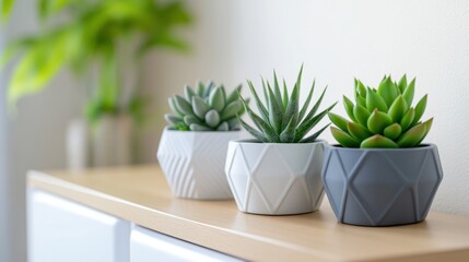 Three small potted succulents sit on a wooden shelf, a blurred green plant adds a natural backdrop.