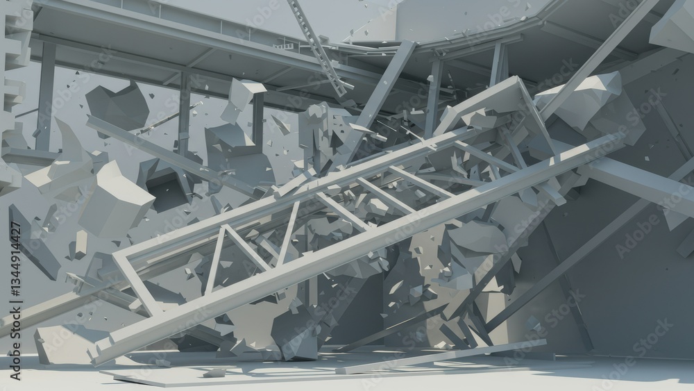 Fototapete 3d rendering of collapsed industrial structure filled with debris and wreckage from destruction, cha