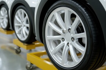 Obraz premium Close-up of a silver alloy wheel on a car, other vehicles visible in the background on assembly line.