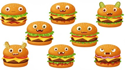 Colorful cartoon burgers with funny faces represent playful food Ideal for children's parties and social themes of creativity