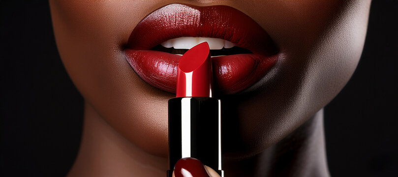 Unos labios de mujer negra pintados de rojo tentaci&oacute;n con un l&aacute;piz labial en la mano