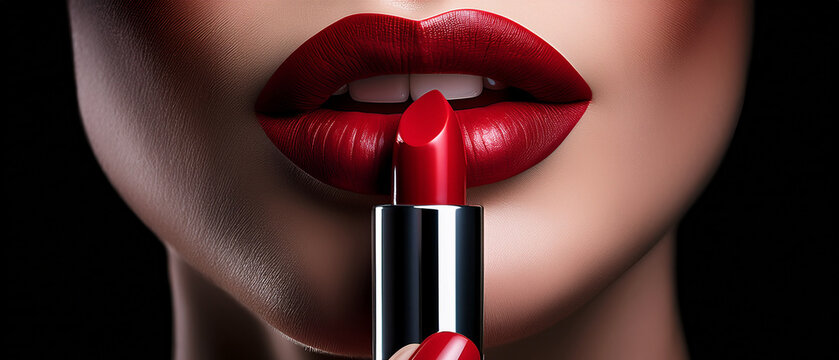 Unos labios de mujer pintados de rojo tentaci&oacute;n con un l&aacute;piz labial en la mano