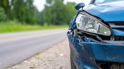 Fototapeta premium Damaged blue car headlight and bumper after road accident, on roadside.