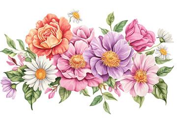 Obraz premium Vibrant watercolor floral arrangement with pink, purple, orange roses and daisies. Isolated on transparent background, PNG