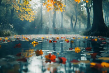 golden and red leaves floating gently on a calm pond