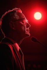 Dynamic speech by a speaker under dramatic lighting during a public event at an indoor venue