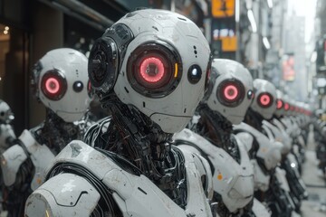 Robots lined up in a futuristic city street showcasing advanced technology and urban life