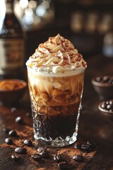 Delicious iced coffee topped with whipped cream and cocoa served in a stylish glass on a wooden table