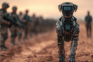 Robotic dog assists military personnel during training exercise in outdoor setting at sunset