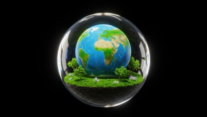 3D model of earth inside glass sphere with green trees and grass Depicts planet, environment, sustainability, eco friendly themes