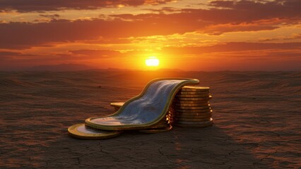 Melting coins amidst a desert landscape during sunset signify wealth and environmental themes Highlights economic growth and sustainability