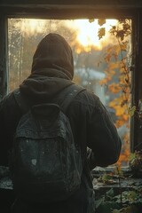 Mysterious figure gazing out of an abandoned building as sunset casts golden light