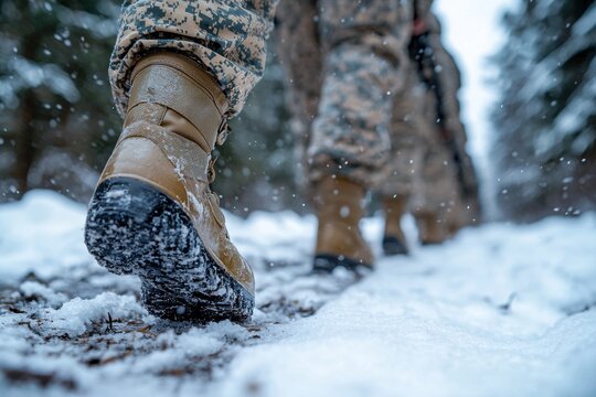 Soldiers marching through snow-covered forest in winter training exercises during a snowfall near camp